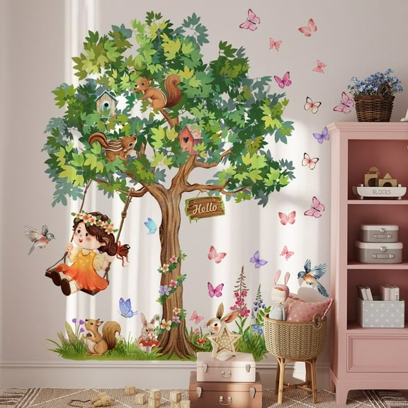 Woodland Animals Large Tree Wall Stickers Tree Wall Decals Peel and Stick Forest Butterfly Girl Wall Stickers for Baby Nursery Kids Bedroom Toddler Room Wall Decor