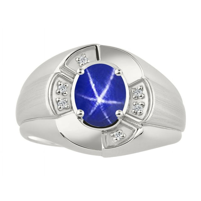 RYLOS Sterling Silver Ring 8X6MM Oval Gemstone & Diamond Unisex Rings Blue Star Sapphire September Birthstone Ring Size 11