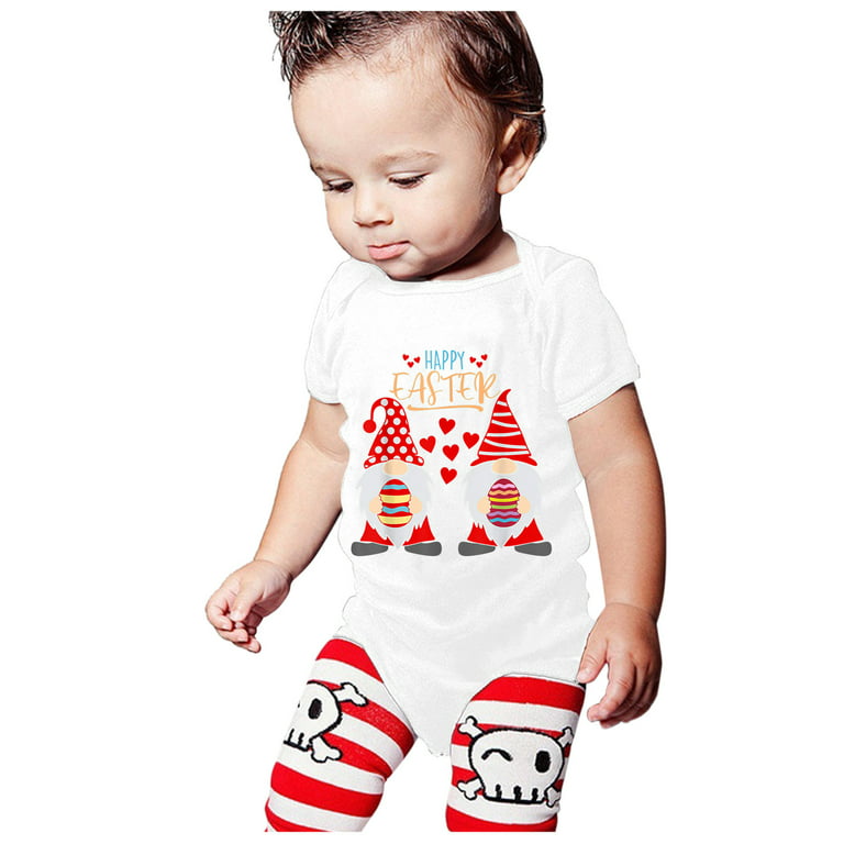 Baby Girl Boy Easter Outfits Infant Easter Gnomes Pattern Romper T-Shirt  Solid Short Sleeve Romper Jumpsuit