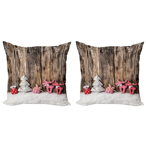 Ambesonne Winter Throw Pillow Cover 2 Pack, Traditional Xmas, 18", Brown White Pink