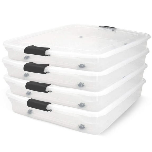 HOMZ 56-Quart Clear Underbed Storage Container with Lid and Wheels, 4 Pack