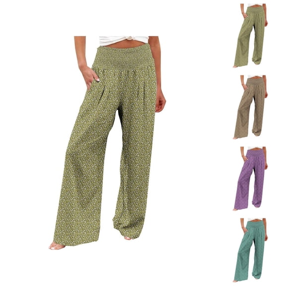 Palazzo Pants for Women 2026 Spring Summer Loose Fit Smocked High Waisted Wide Leg Flowy Boho Beach Pants with Pockets