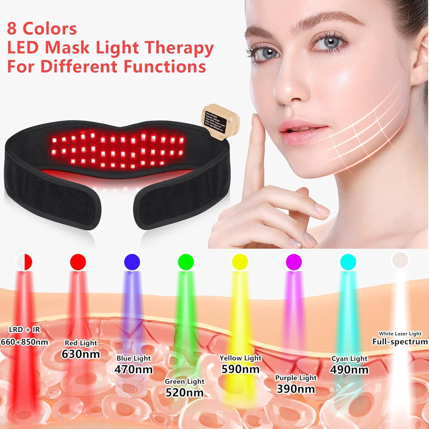 Rechargeable Red Light for Neck Chin 8 Colors Portable Near Infrared Light Belt Wearable Neck Chin Firming V Face Wrap