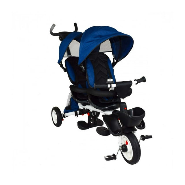 Triciclo The Baby Shop JE-TC0010 Doble para Niños 2 Asientos Giratorios Azul - Bastón Dirigible