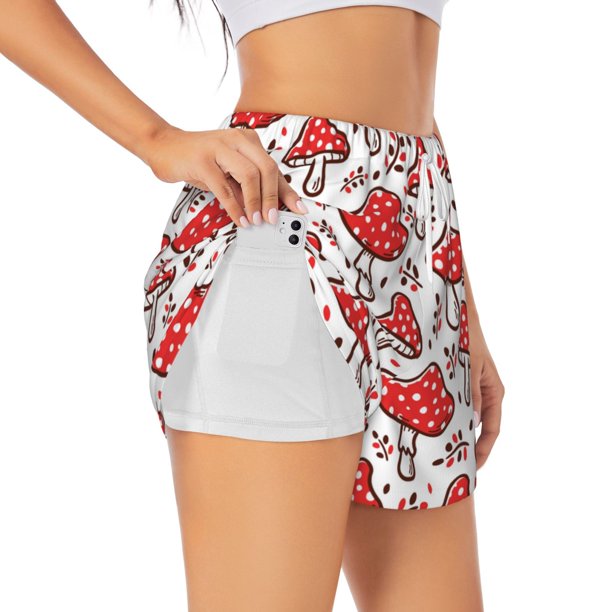 Balery Amanita Red Mushroom Pantalones cortos deportivos para mujer con forro y dos bolsillos, elásticos, para entrenamiento, gimnasio, yoga-Large