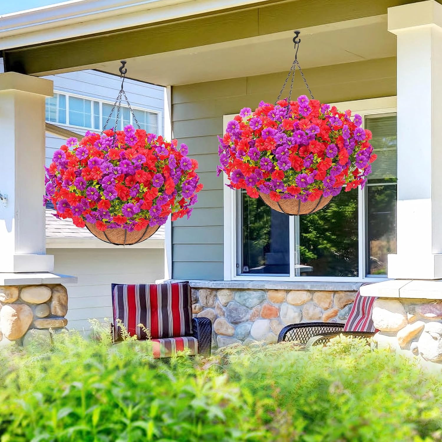 Waipfaru Artificial Hanging Flowers in Basket,Fake Hanging Plants for Outdoors Spring Summer Decoration,UV Resistant Petunias Flower for Garden Porch Patio Balcony Decor