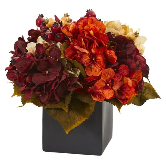 Nearly Natural 12in. Autumn Hydrangea Berry Artificial Arrangement in Black Vase, Burgundy