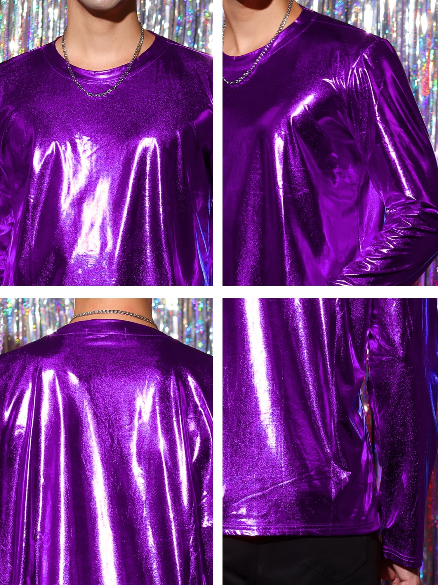 Unique Bargains Men's Metallic T-Shirt Round Neck Long Sleeve Shining Disco Tee Top S Purple