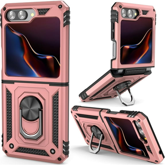 Galaxy Z Flip 5 Case Samsung Z Flip 5 Cover with [Kickstand] Shockproof Bumper with Hinge Protection Protective with Ring Stand for Samsung Galaxy Z Flip 5 Rose Gold