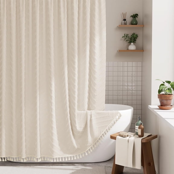 Bathway Boho Farmhouse Shower Curtain with Tassels, Beige Shower Curtain Set Fabric, Soft Cloth Chevron Rustic Shower Curtain with Hooks, Hotel Quality, 72x72 Inches