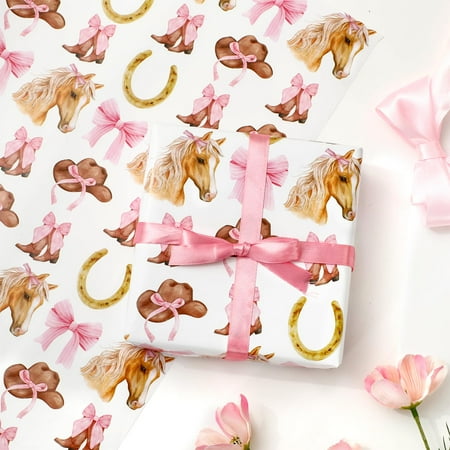 FYSUIMU Pink Bow PriNst Horse Wrapping Paper -Mini Roll- 17 Inch x 32.8Ft Western Cowgirl Gift Wrap Paper Farmhouse Art Paper for Birthday Baby Shower DIY Crafts