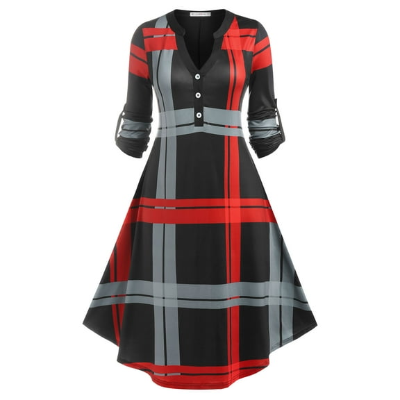 Rosegal Plus Size Roll Up Sleeve Plaid Midi Dress Black L