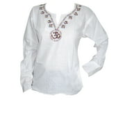 Mogul Womens Tops Om Embroidered White Tunic Yoga Blouse