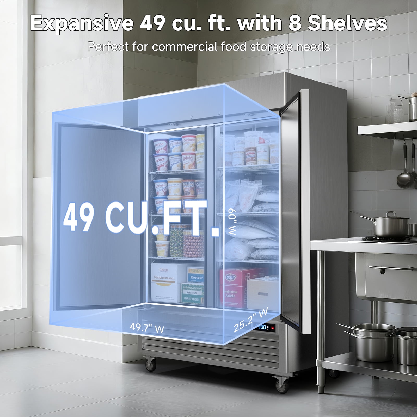 VEECOOL Commercial Freezer Upright WiFi Enabled, 54.4" Solid Door Reach-In Freezer with LED Lighting, APP Control Fan Cooling, R290, Stainless Steel, 49 cu.ft. Capacity, ETL&ETL Sanitation