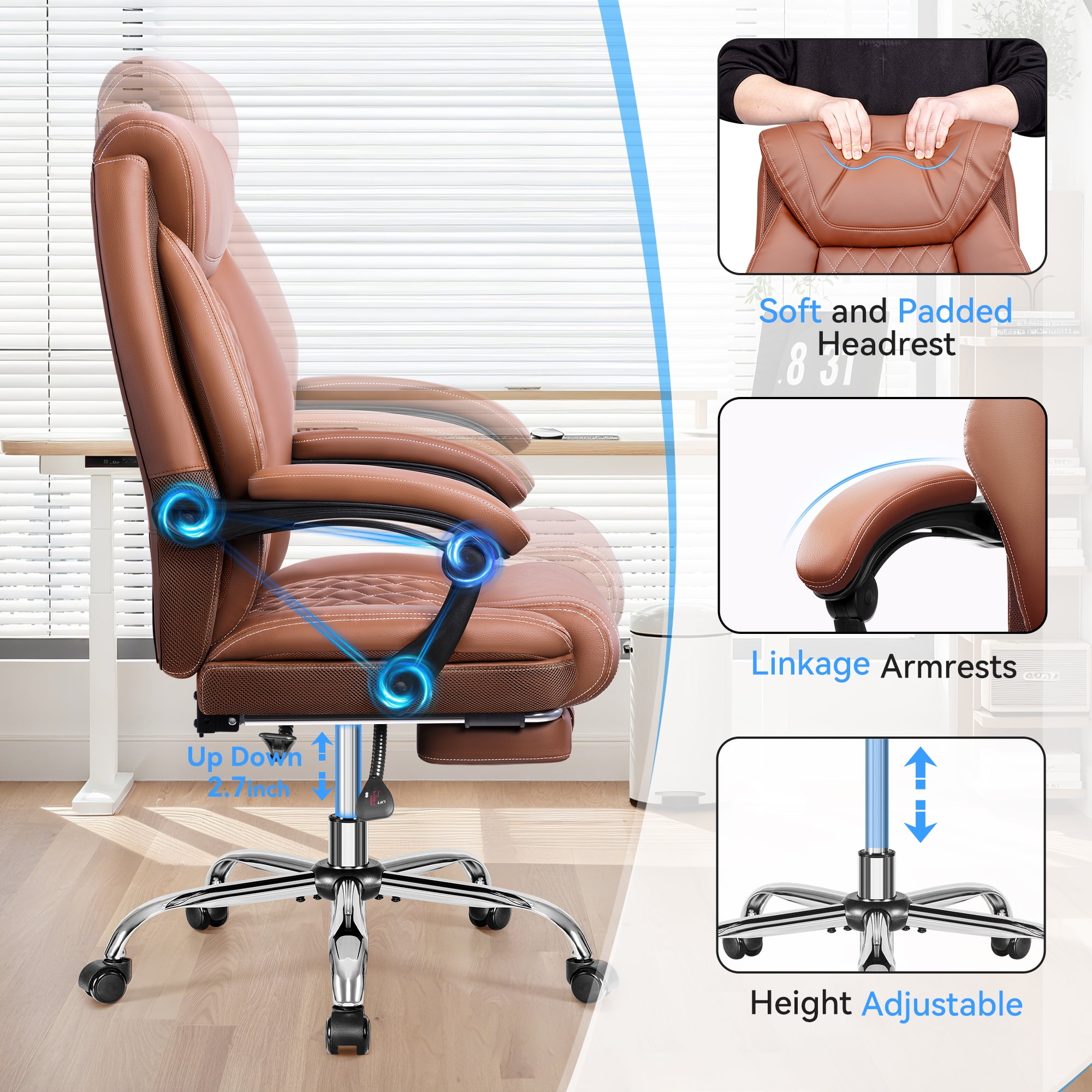 FASTES Ergonomic Office Chair, Big and Tall Leather Desk Chair with Footrest and Lumbar Support, 2-Position Reclining Executive Computer Chair, Brown