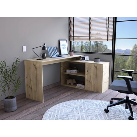 L-shaped Desk With Right Return Oak Finish 59 Wide Spacious Top 2 Open Shelves & 1 Cabinet Interior Shelves Beige Engineered Wood Look Space