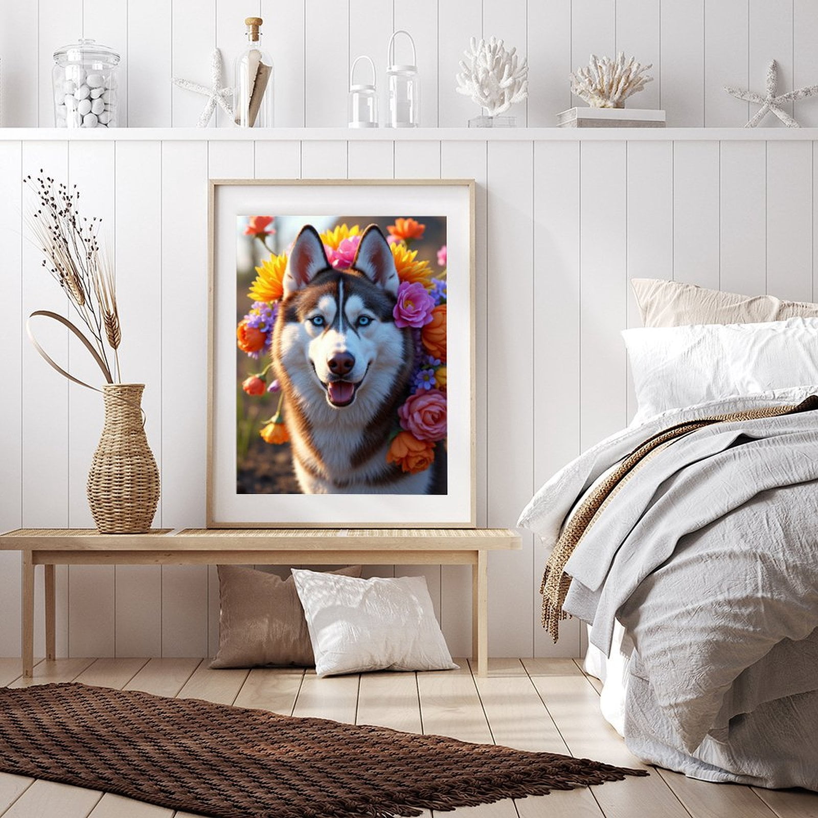 Diamond Art Kits for Adults - 5d Bright Husky Floral Portrait Diamond Painting for Adults, Diamond Art for Adults Beginners, Diamond Painting Kits for Adults for Home Wall Decor