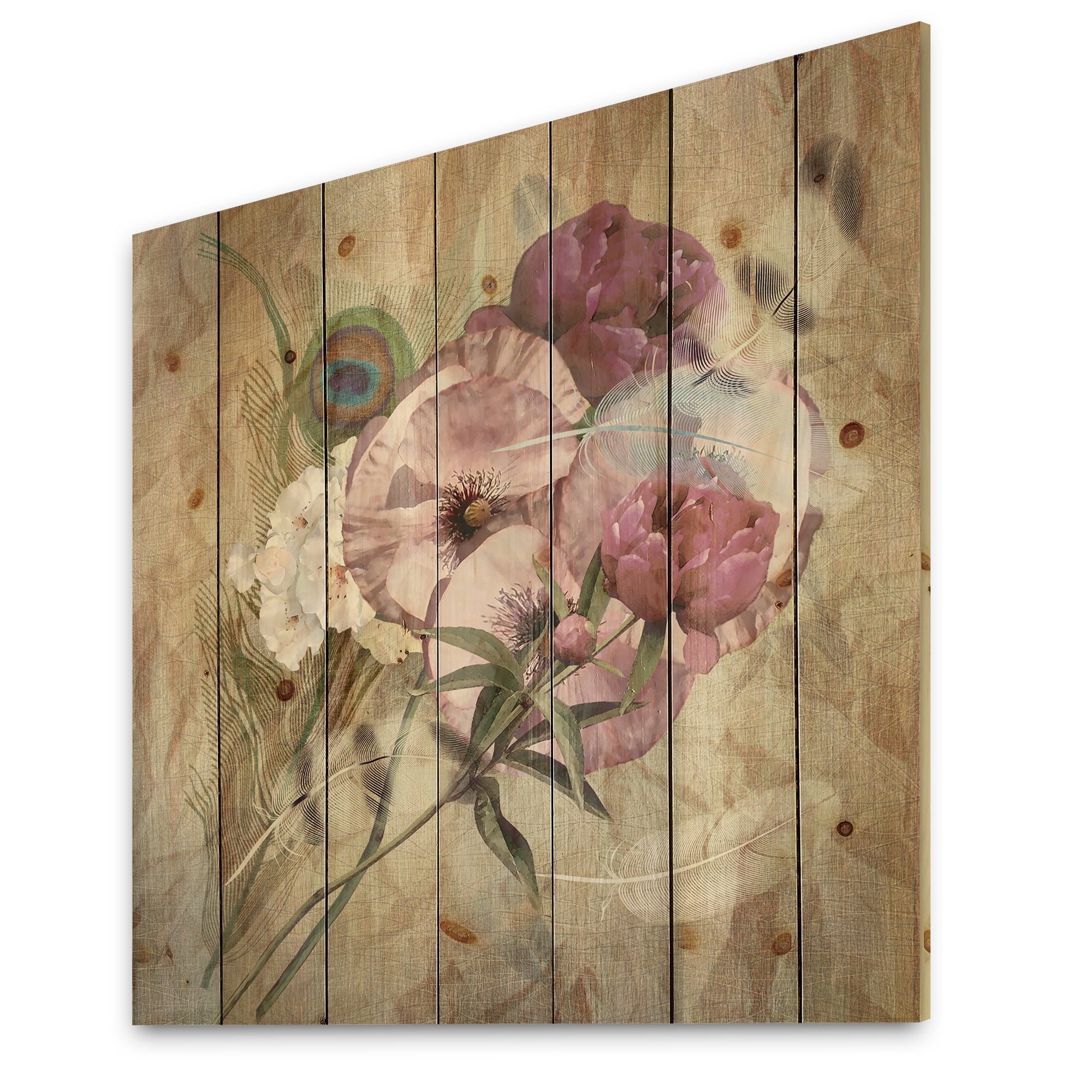 Designart 'Iris Bouquet Floral Design With Peacock Feather' Traditional Print on Natural Pine Wood