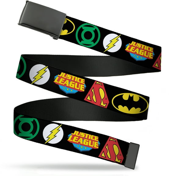 Adjustable Belt, Clamp Buckle, Cut-to-Fit, Justice League Superhero Logos Close Up Black