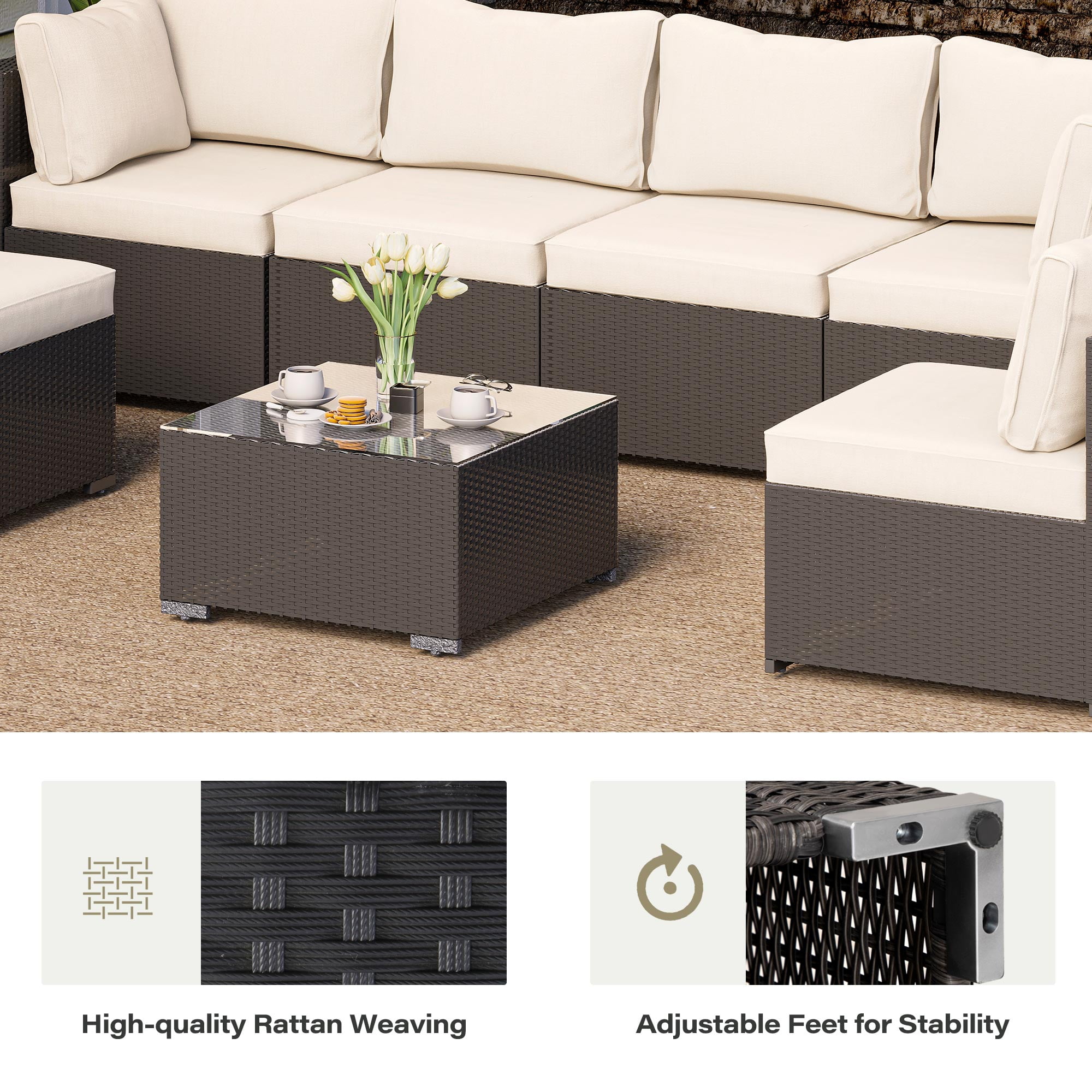 LAUSAINT HOME 7 Pieces Outdoor Furniture Set, Patio Sectional Conversation Set with 6 Chairs and 1 Coffee Table, Beige Cushions