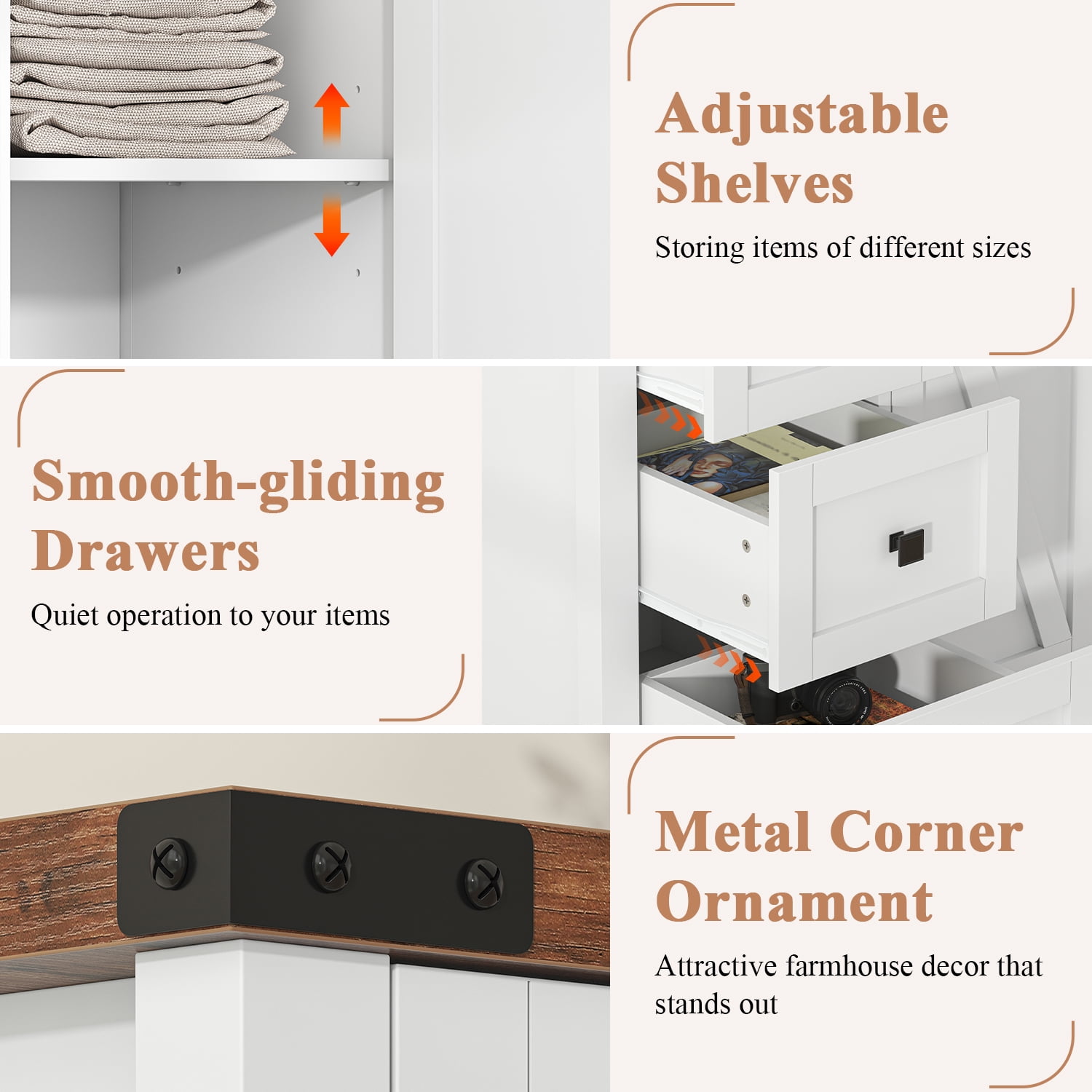 Winkalon 5 Drawers Dresser Chests for Home Bedroom, Farmhouse Wood Rustic Tall Chest of Drawers, Pull Storage Cabinet,White