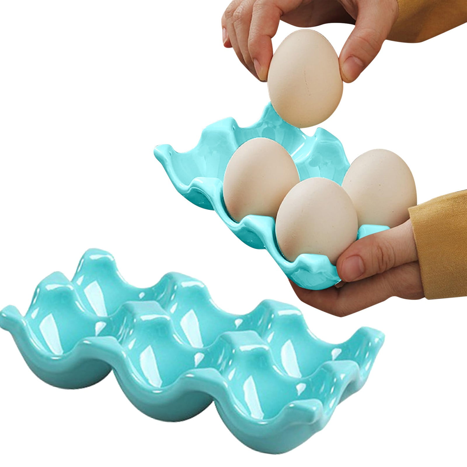 BEGHT 2Pcs Ceramic Half Dozen Egg Tray Holder for Countertop, Refrigerator, Porcelain Egg Carton Holds6 Chicken Eggs, Hard Boiled Eggs for Refrigerator Countertop Display Kitchen.