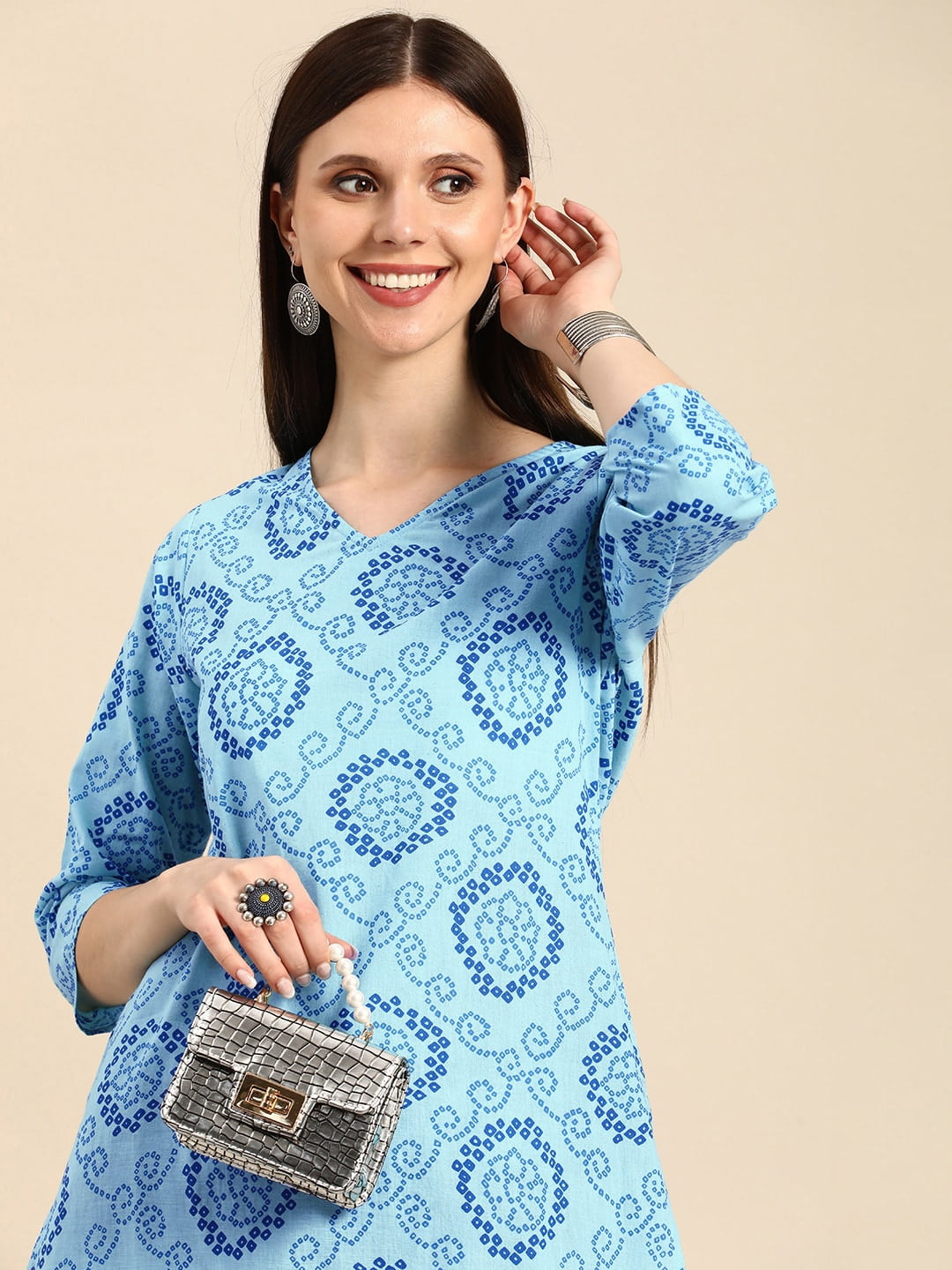 Anouk By Myntra Women Kurta Ready To Wear 3/4 Sleeve Blue Bandhani