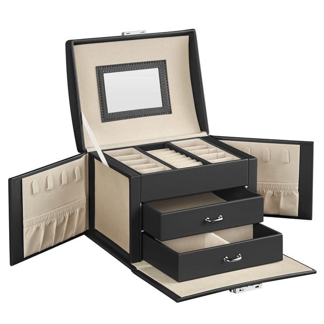 Caja de Joyas SONGMICS de 3 Niveles con Asa, 2 Cajones y Espejo, Negra