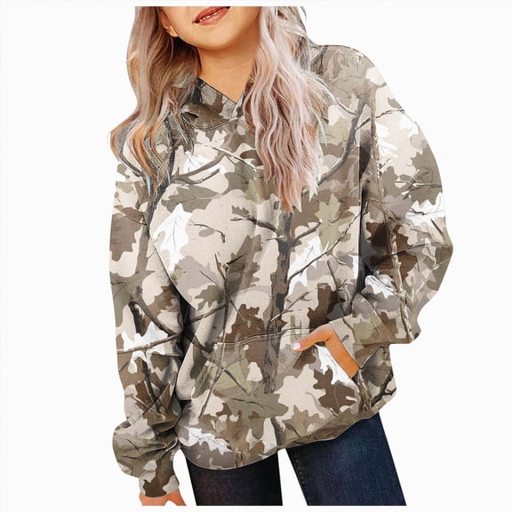 NOLDARES Camo Hoodie Kids Cute Hoodies Maple Leaf Print Oversized Drop Shoulder Fleece Hooded Cute Hoodies for Teen Girls Boys(N032-Khaki)