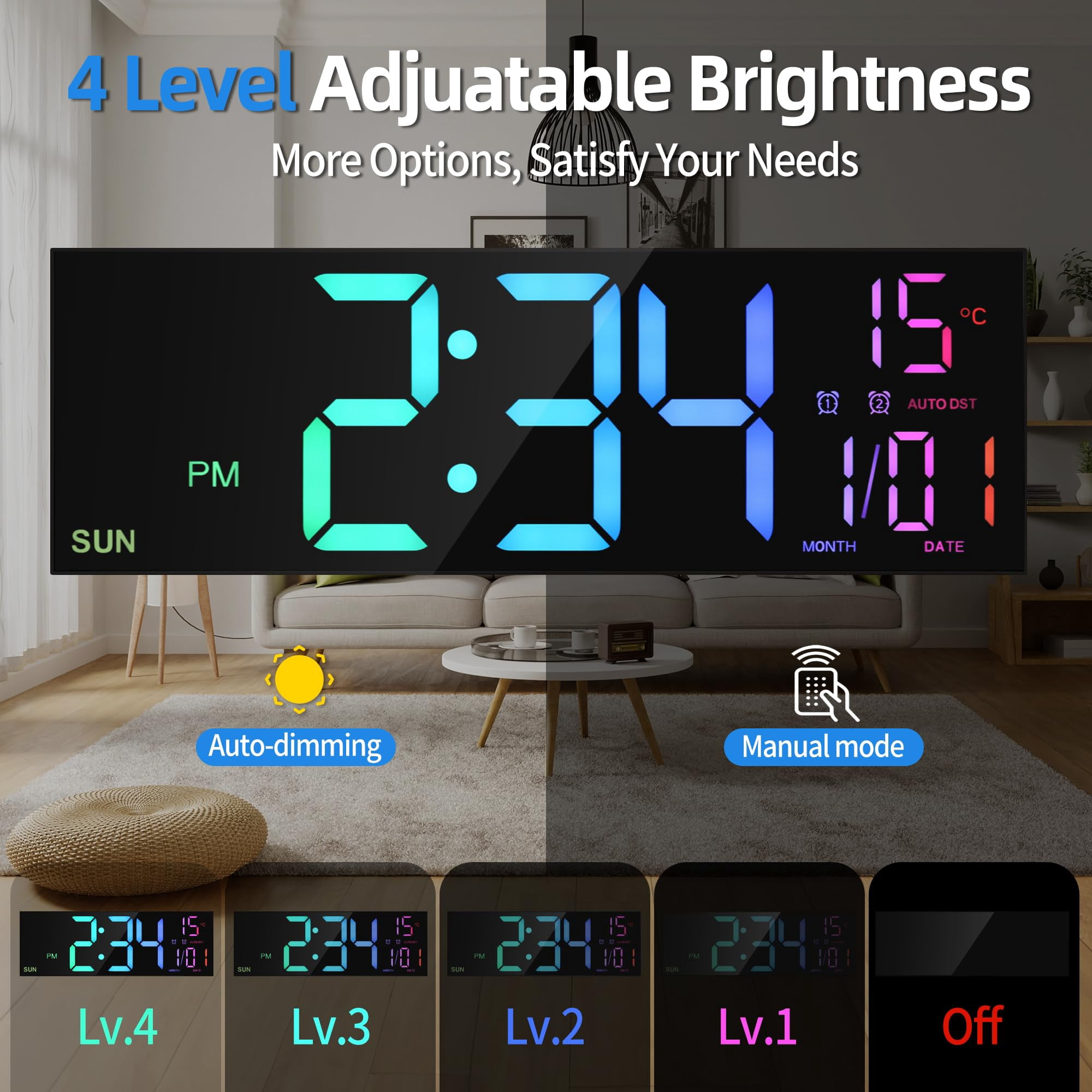 Mee 2ou 16" Large Digital Clock With Temperature, Date, Auto DST, Night Light, Auto Brightness Dimmer, 24/12-hour Wall Clock for Living Room Garage Office Classroom Gym Shop Decor