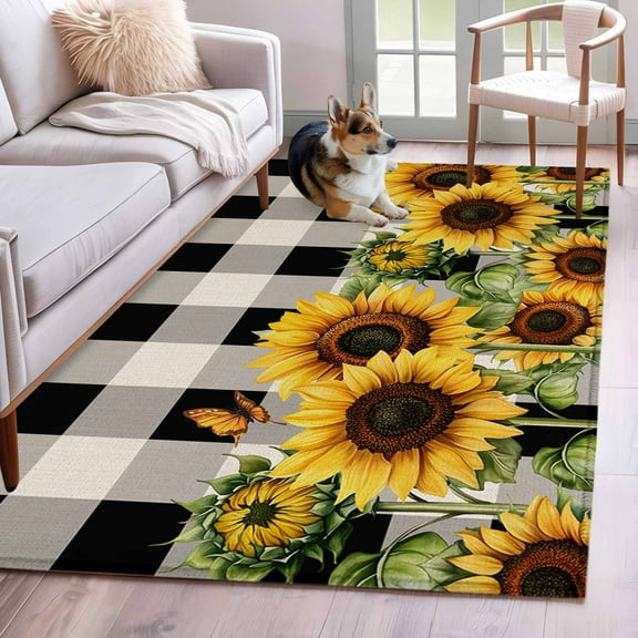 Sunflower Checkered Area Rug 4x6 Washable Rug Non Slip Black Buffalo Plaid Pastoral Flowers Large Area Rug Indoor Floor Carpet for Entryway Bedroom Kitchen Living Room Home Office Dining Room Nursery