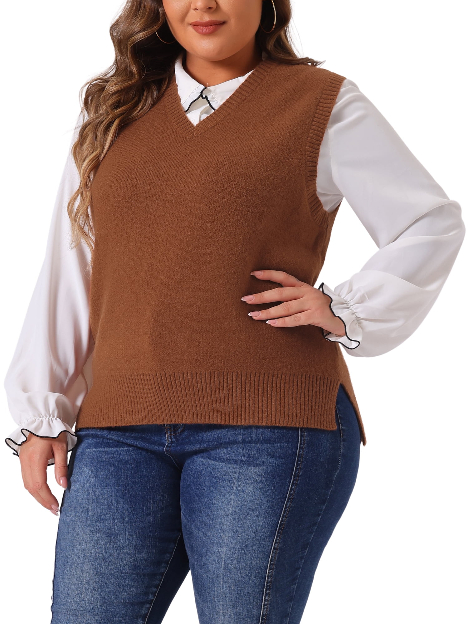 DARING DIVA Women's Plus Size V Neck Knit Sweater Vest 3X Brown