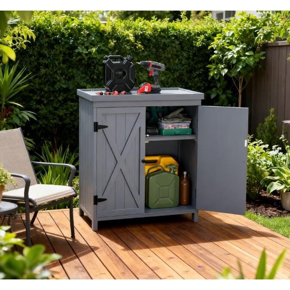Outdoor Storage Box, Tool Shed,Outdoor Storage Cabinet,with Galvanized Top and Two Shelves for Yard Tools or Pool Accessories, Grey Deck Box,Steel,Wood Deck Box Outdoor
