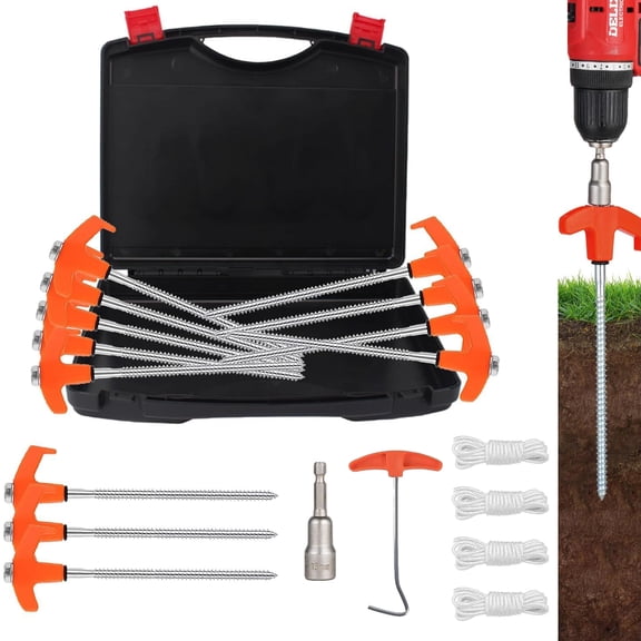 12 Pack Screw in Tent Stakes Heavy Duty,8 Inch Ground Anchors Screw in,Metal Stakes with Hex Head Driver,4x10ft Ropes,Camping Tent Accessories(Orange)