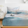 thumbnail image 6 of Full Size Fitted Sheet Set - Teal Beige 3 Piece Bedding Sets 16" Deep Pocket Fitted Sheet with 2 Pillowcases Modern Oil Painting Art Coastal Brushed Microfiber Hotel Luxury Bed Sheets, 6 of 9