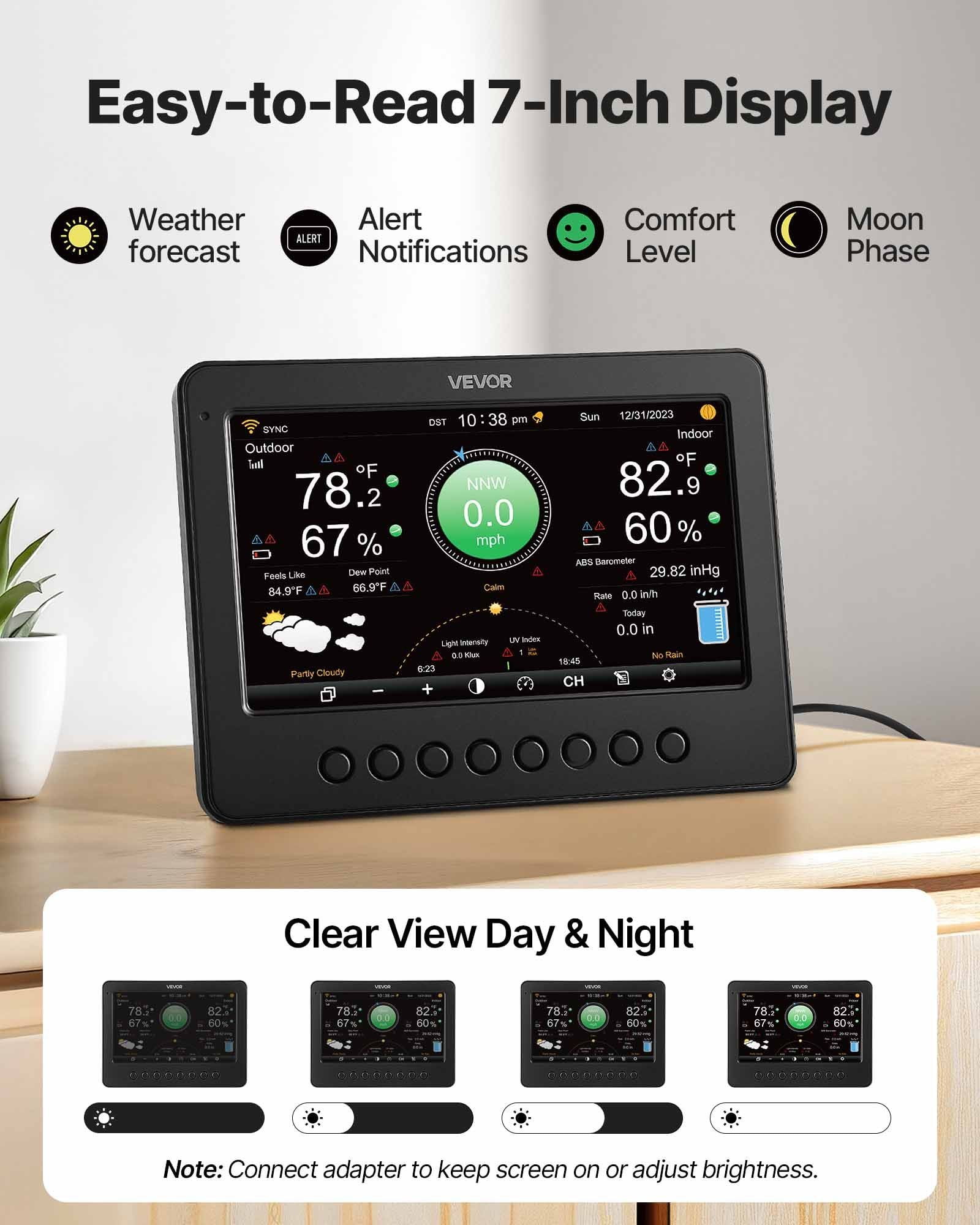 CAFORKP 7-in-1 Solar Wi-Fi Weather Station with 7" Color Display Wireless Outdoor Sensors Monitor Wind, Rain, Temp & Humidity, Indoor/Outdoor Forecast Hub