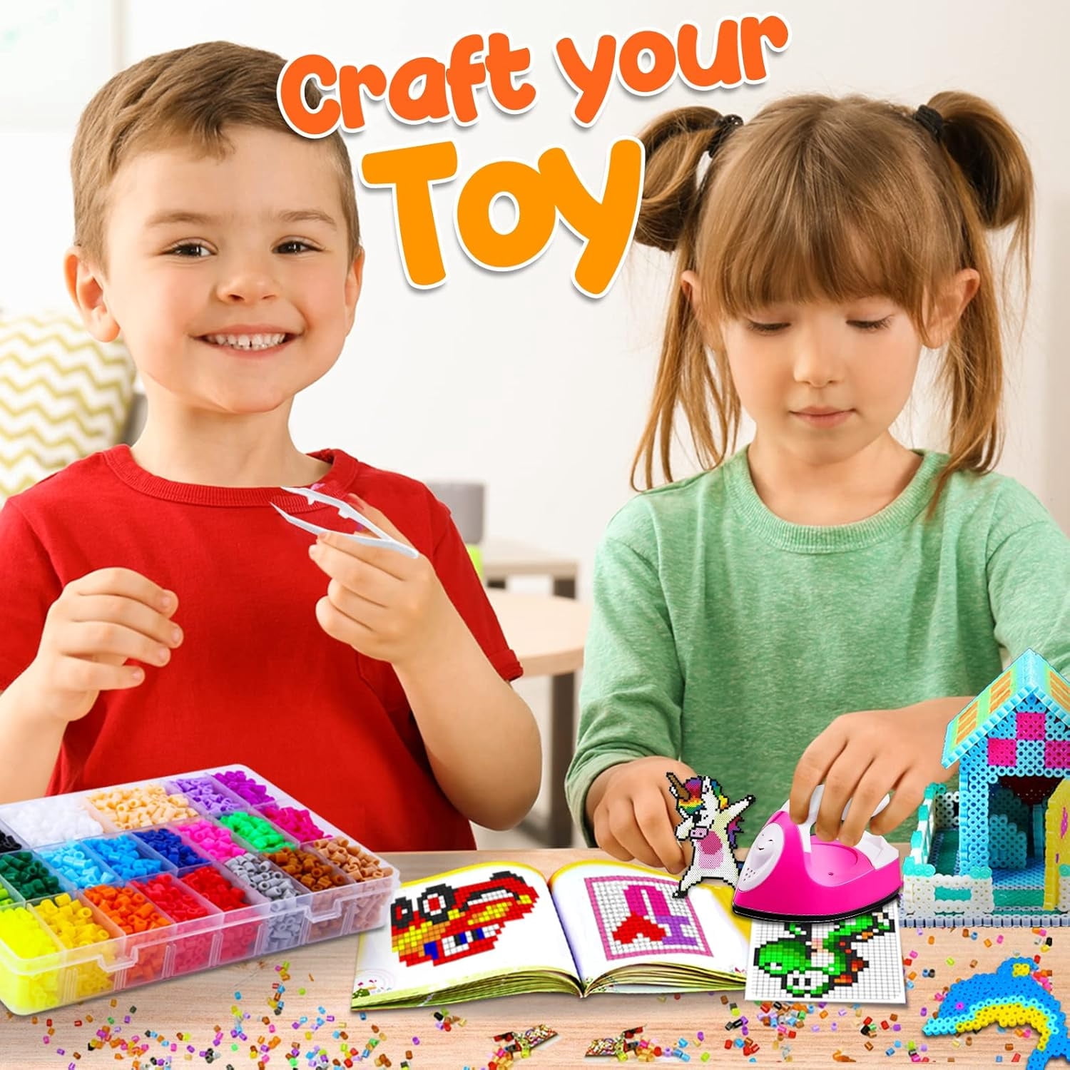 Board Fuse Beads Iron Set - Fuse Bead Kit for Kids Crafts with Bead Pegboard and Aqua Pony Beads, Pixel Art and Craft Kit (Large Set with Iron)