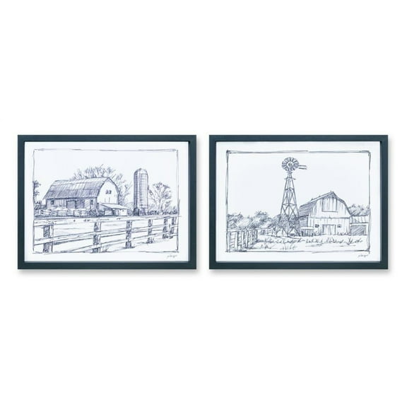 Farmhouse Wall Art Prints Set of 2, Rustic Barn Sketch Decor, Home Decor Pictures, Framed Art