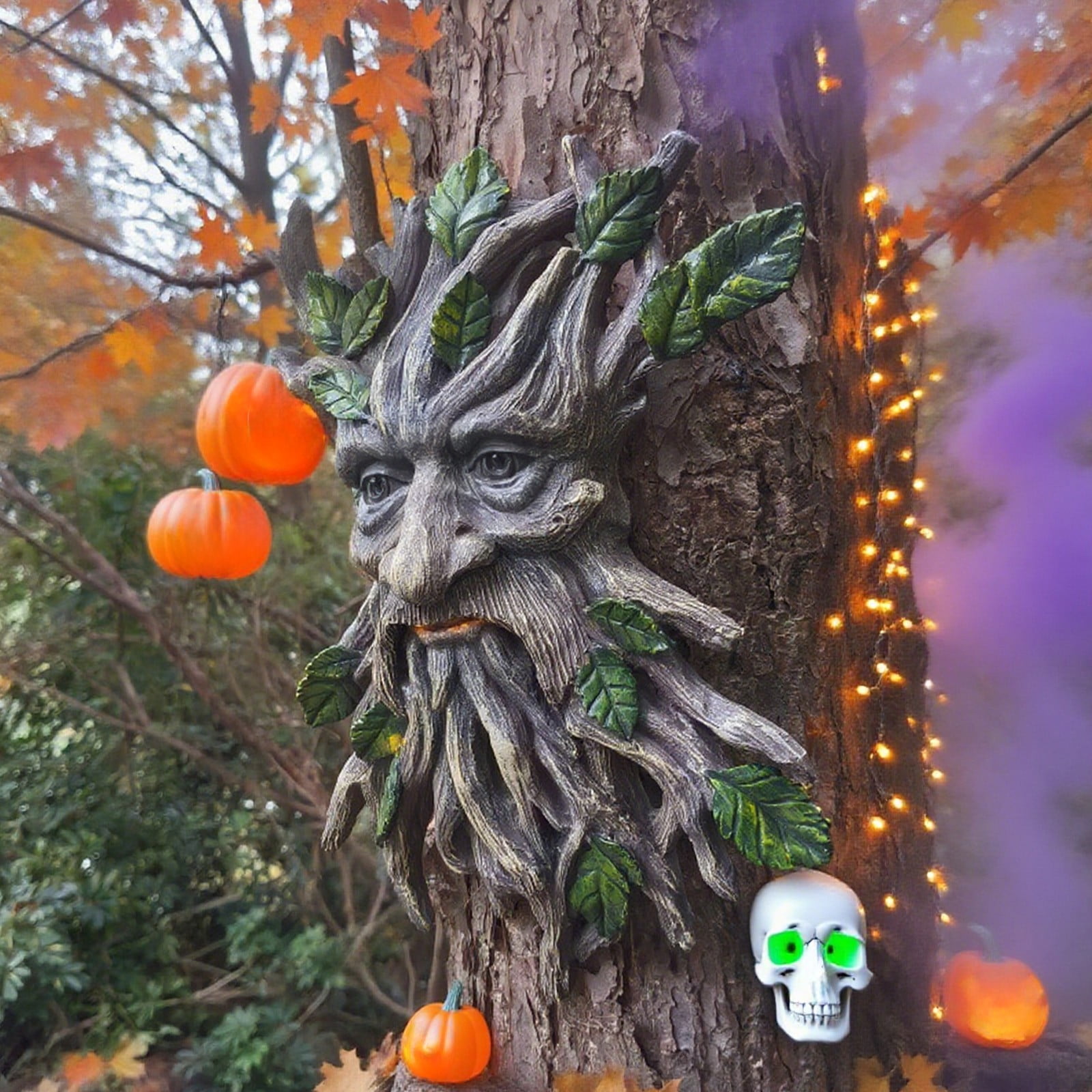 Halloween Tree Face Resin Wall Sculpture Outdoor Garden Yard Patio Decor Spooky Ornament with Realistic Carving Details for Holiday Gift