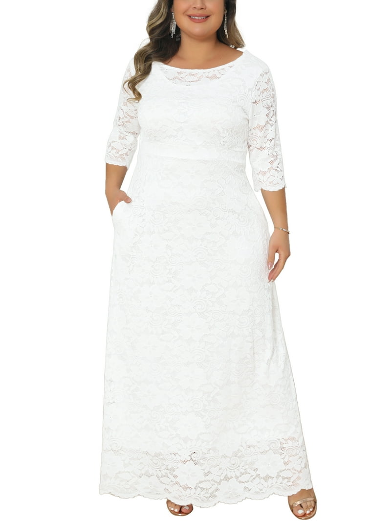 Agnes Orinda Women's Plus Size Flowy Dresses Floral Lace Scoop Neck 3/4 Sleeves Evening Wedding Cocktail Maxi Dress 6X White
