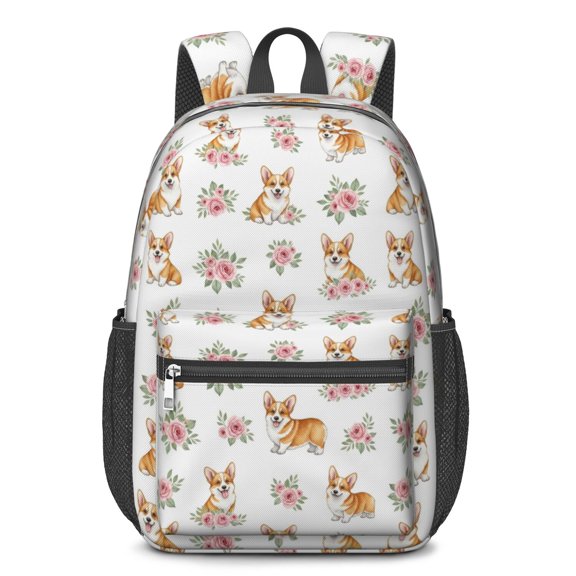 Corgi and Rose White Pattern 17" Waterproof Oxford School Backpacks for Teens, S-Shape Padded Straps, for School, Travel, Hiking, Camping