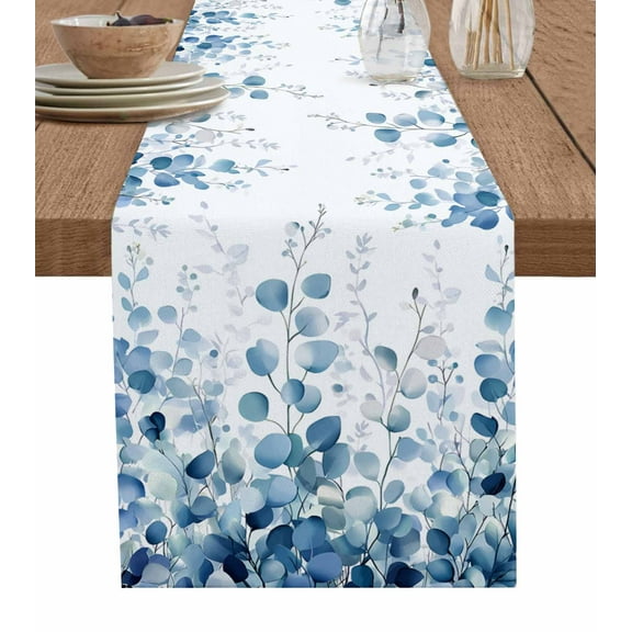 Table Runner 72 Inches Long for Kitchen Dining, Teal Blue Eucalyptus Leaves Dresser Scarf Farmhouse, Dining Table Decorations for Wedding/Parties, Spring Farmhouse Botanical 14 x 72 In