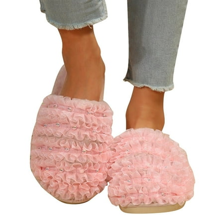 

AKAFMK Winter Slippers for Women New Large Size Home Mesh Woven Ribbon Nail Beads Multicolored Covered Hair Slippers
