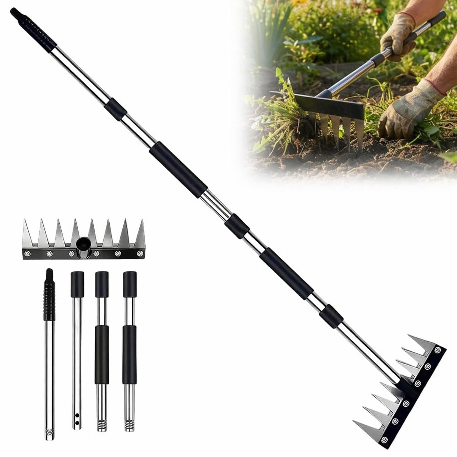 8-Tine Adjustable Garden Hand Rake, Heavy Duty Weeding Cultivator, Soil Loosening Hand Rake for Vegetable Garden, Flower Bed, Yard Work, Gardening Hand Tool, By TINGXIN