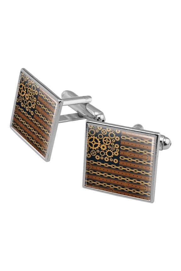Steampunk American Flag with Gears Belts Chains Square Cufflink Set - Silver or Gold