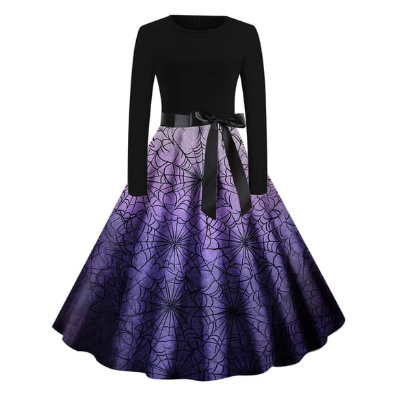 Haivin Woman Halloween Print Round Neck Long Sleeve Flared Dress for Halloween Party, Cosplay and Theme Events