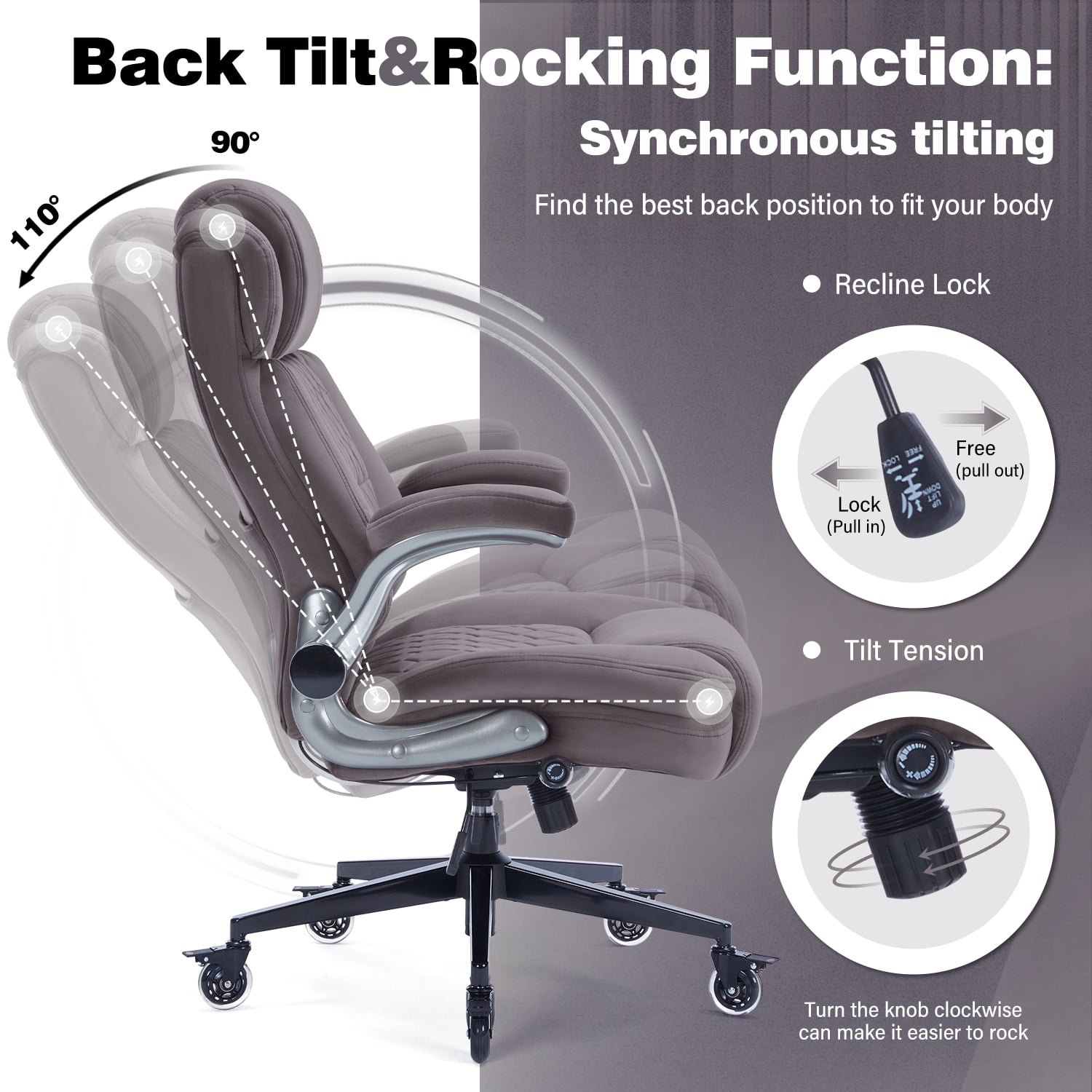 High Back Office Chair with Lockable Wheels, 400lbs Large Fabric Executive Desk Chair, Adjustable Lumbar Support Flip up Arms, Ergonomic Home Office Computer Chair with Storage Pocket, Cocoa