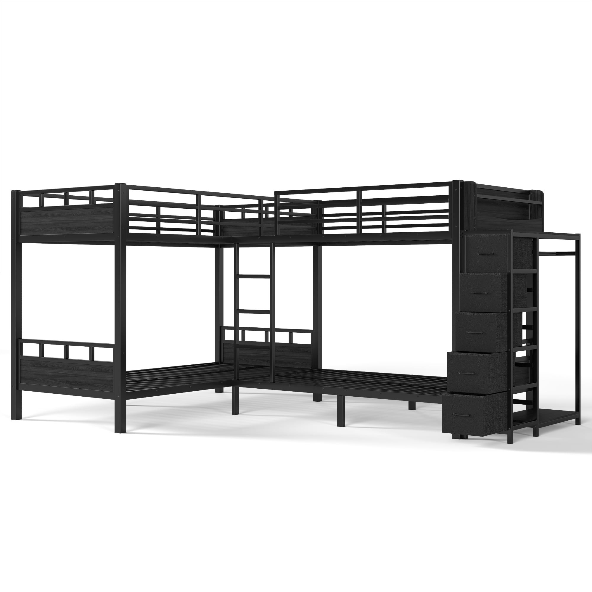GARITIN Quad Twin Metal Bunk Bed 129.53 Inch, 4 Twin Bed Frame with Storage Drawers and Wardrobe for Kids Room, Black
