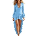 thumbnail image 2 of HBYJLZYG Women's High-Low Ruffle Dress with Deep V-Neck and Flared Bell Cuffs, Long Sleeve Asymmetrical Hem Party Gown for Halloween, Holiday, and Festival Events, 2 of 9