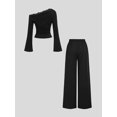 thumbnail image 2 of Women's Asymmetric Shoulder Flare Long Sleeve Ruched Top & Drawstring Wide Leg Pants Elegant 2 Piece Outfit Set, 2 of 8